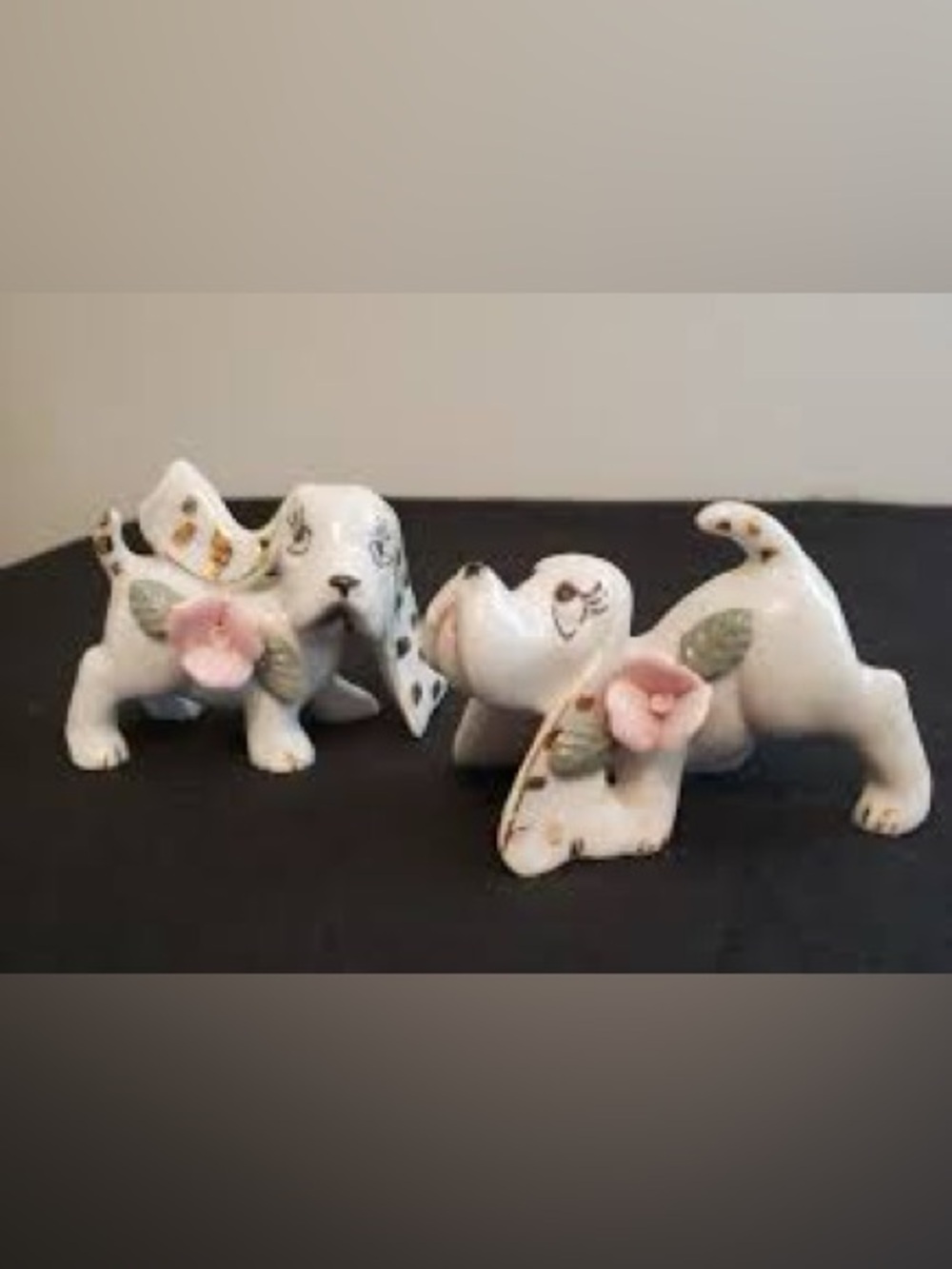 Vintage Porcelain Puppy Figurines Set Pink Flowers & Gold Accents Adorable